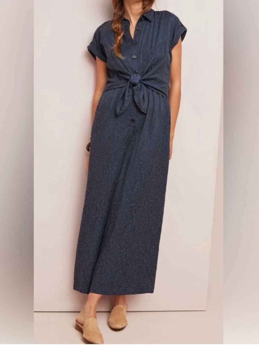 Anthropologie Etttwa Navy Textured Floral Tie Front Wide Leg Jumpsuit Size 8